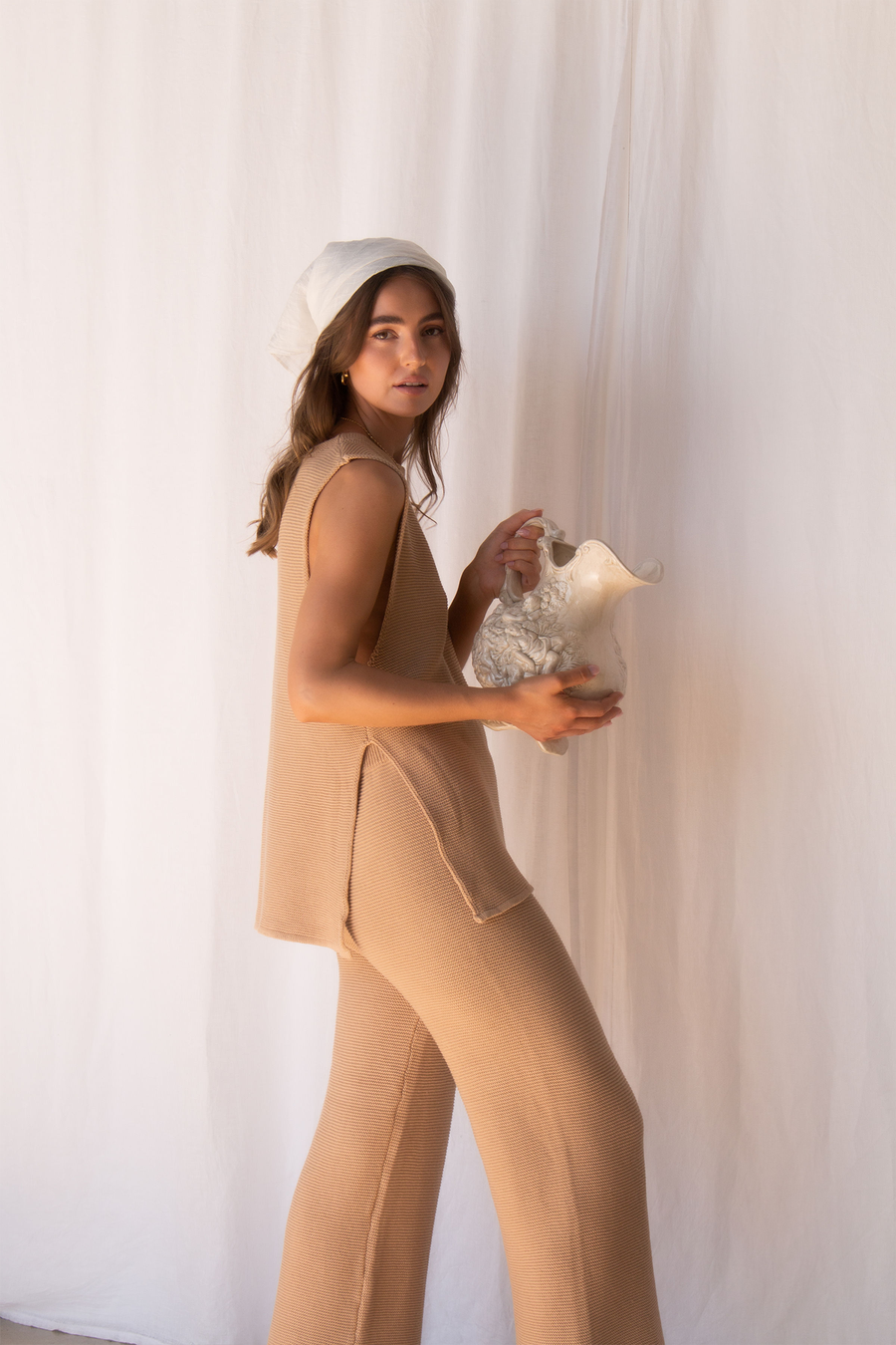 women's knitwear, beige, clothing, loungewear, open sides, vintage inspired, sustainable